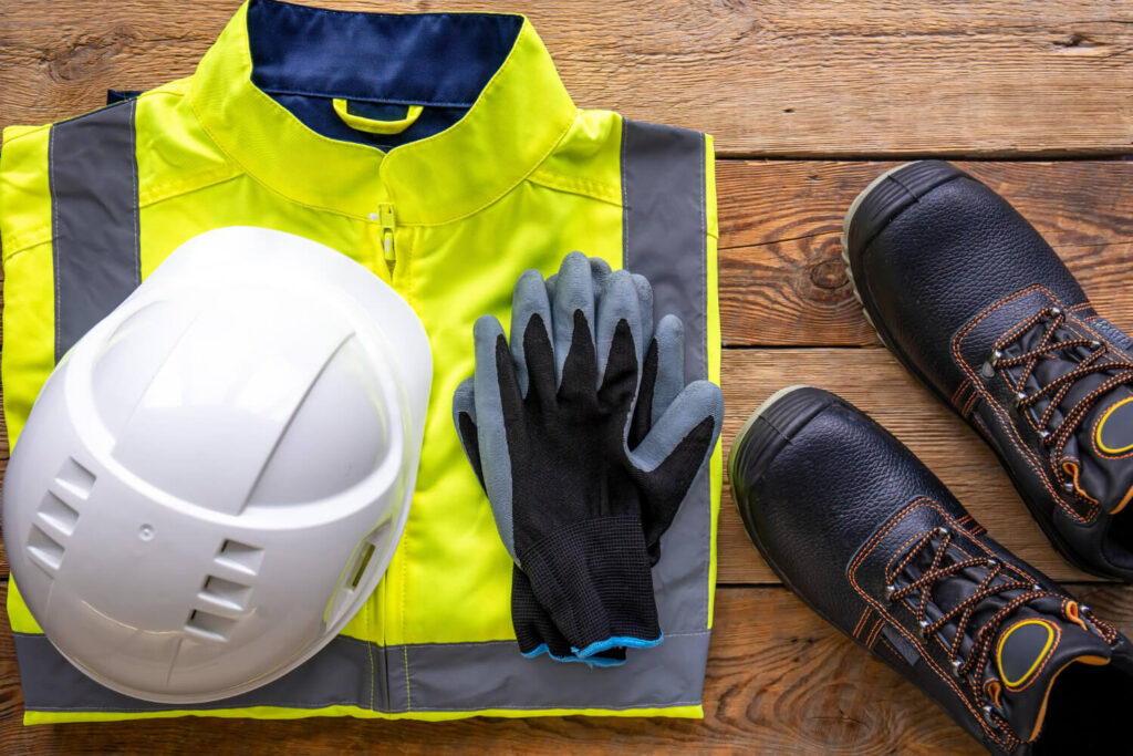 chaleco, zapatos, casco y guantes de trabajo
