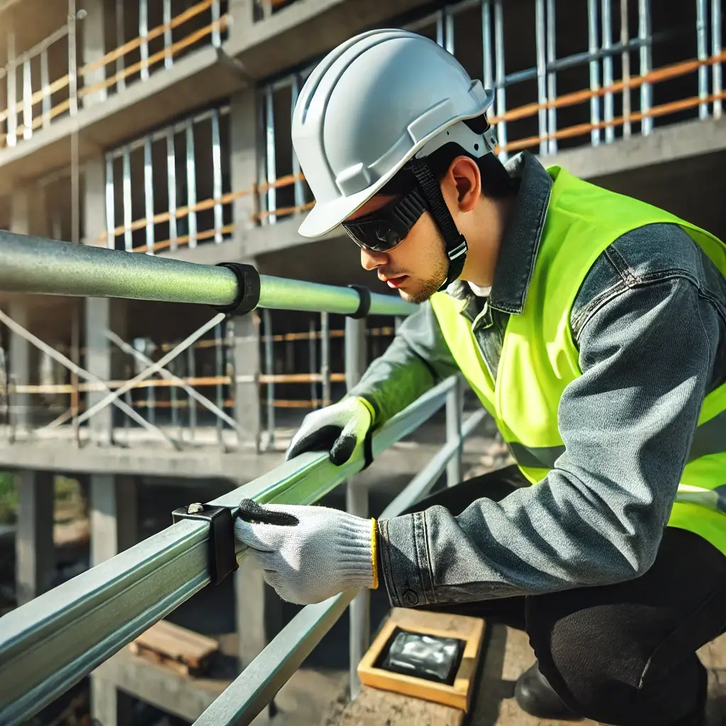 trabajador realizando el mantenimiento de una barandilla de seguridad