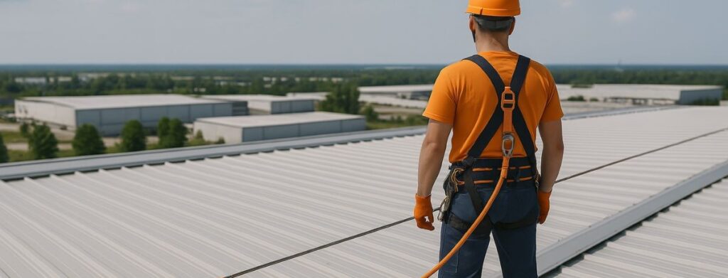Hombre sobre una cubierta trabajando en altura con el arnés y anclado