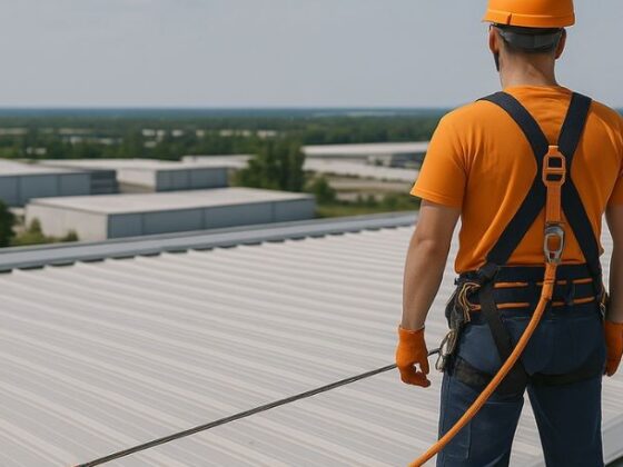 Hombre sobre una cubierta trabajando en altura con el arnés y anclado